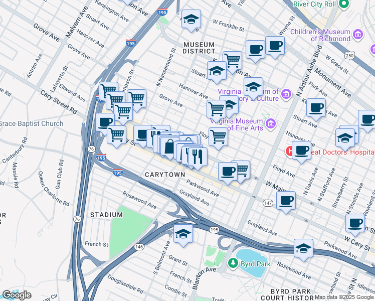 map of restaurants, bars, coffee shops, grocery stores, and more near 24 South Auburn Avenue in Richmond