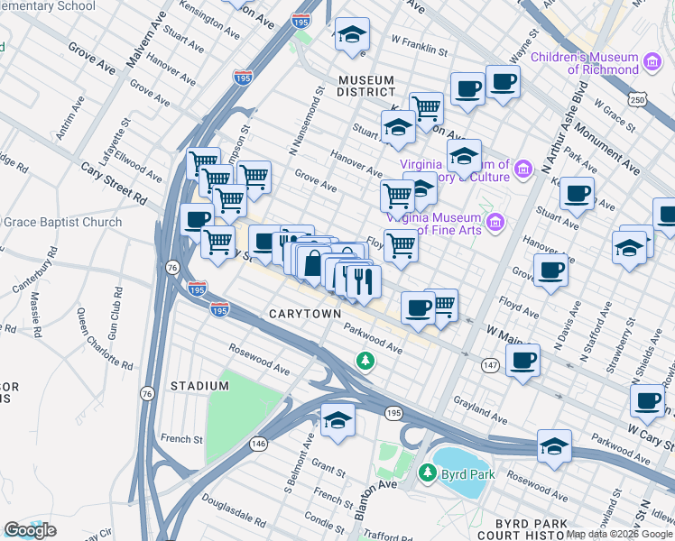 map of restaurants, bars, coffee shops, grocery stores, and more near 24 South Auburn Avenue in Richmond