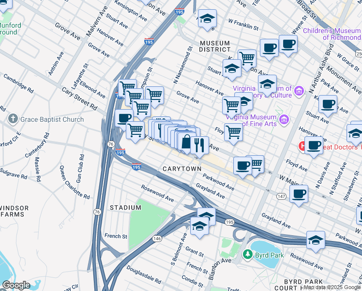 map of restaurants, bars, coffee shops, grocery stores, and more near 3325 West Cary Street in Richmond