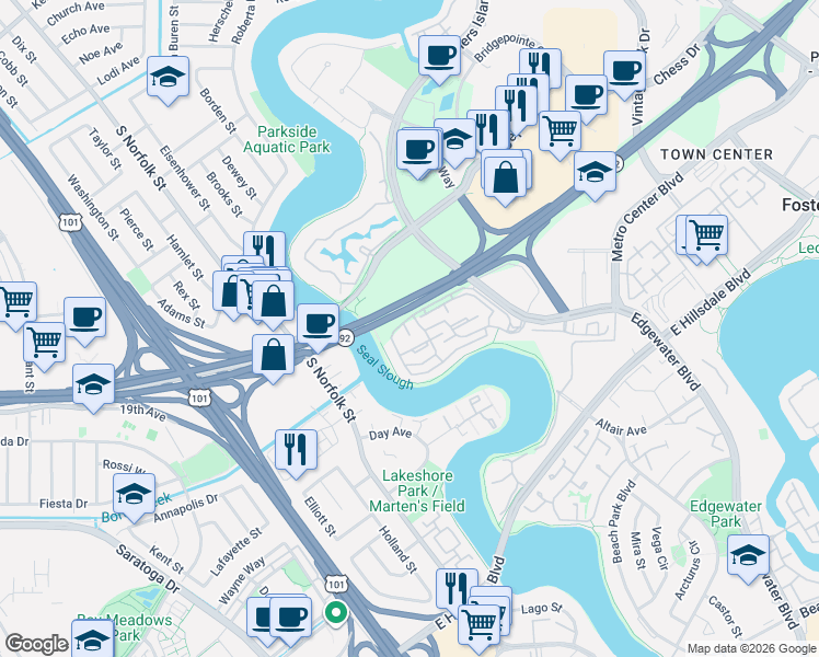 map of restaurants, bars, coffee shops, grocery stores, and more near 1920 Vista Cay in San Mateo