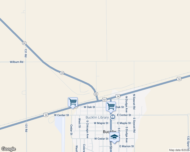 map of restaurants, bars, coffee shops, grocery stores, and more near Highway 34 in Bucklin