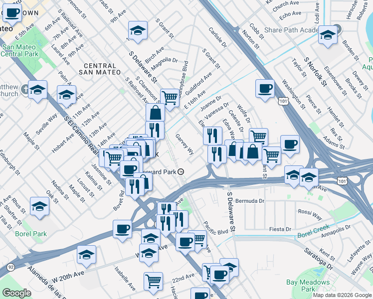 map of restaurants, bars, coffee shops, grocery stores, and more near 430 Station Park Circle in San Mateo
