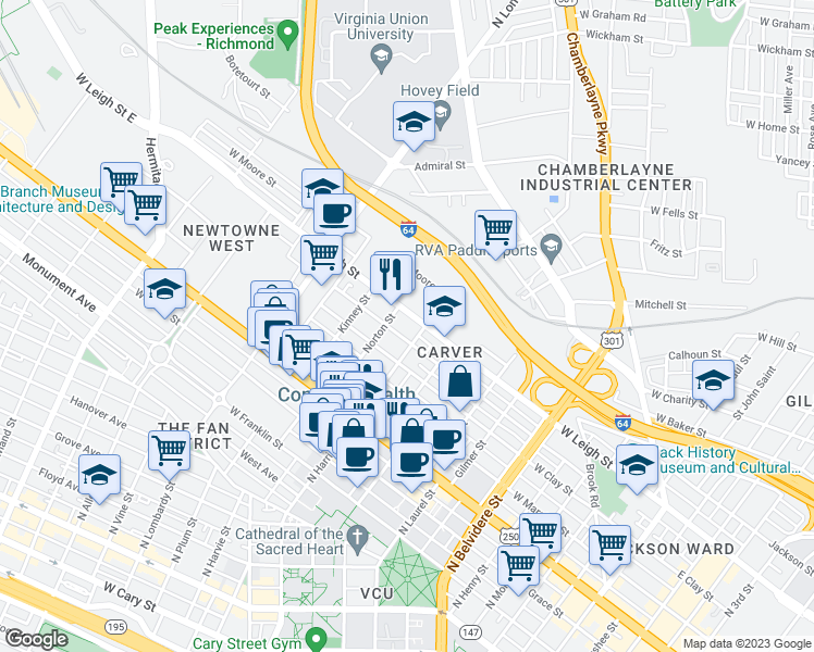 map of restaurants, bars, coffee shops, grocery stores, and more near 1209 West Leigh Street in Richmond