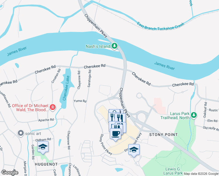 map of restaurants, bars, coffee shops, grocery stores, and more near 9101 Stony Point Parkway in Richmond