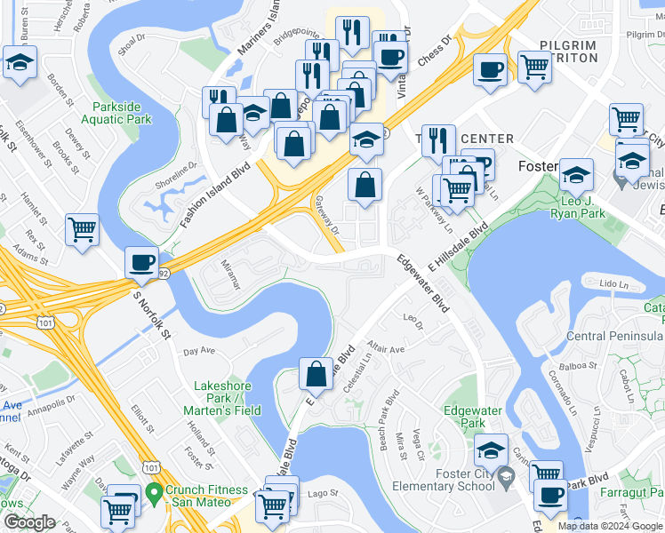 map of restaurants, bars, coffee shops, grocery stores, and more near 809 Emerald Bay Lane in San Mateo