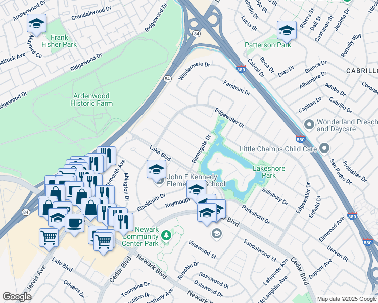 map of restaurants, bars, coffee shops, grocery stores, and more near 35344 Rutland Court in Newark