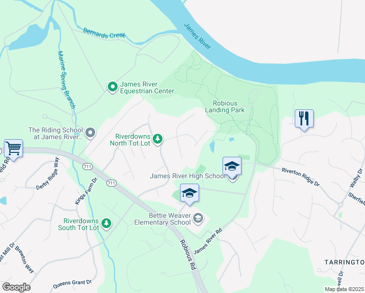 map of restaurants, bars, coffee shops, grocery stores, and more near 14025 Riverdowns North Place in Midlothian