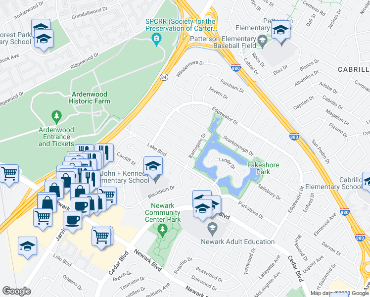 map of restaurants, bars, coffee shops, grocery stores, and more near 35344 Rutland Court in Newark