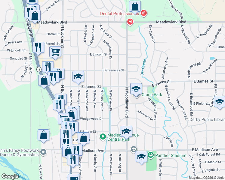 map of restaurants, bars, coffee shops, grocery stores, and more near 1101-1199 N Westview in Derby