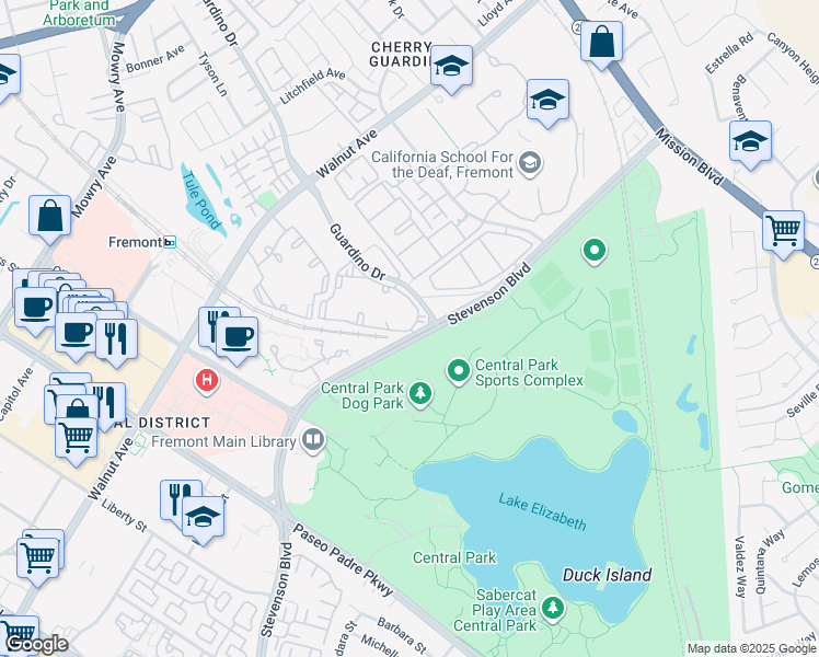 map of restaurants, bars, coffee shops, grocery stores, and more near 1301b Guardino Drive in Fremont