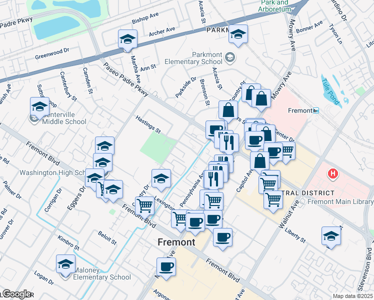 map of restaurants, bars, coffee shops, grocery stores, and more near 38620 Country Terrace in Fremont