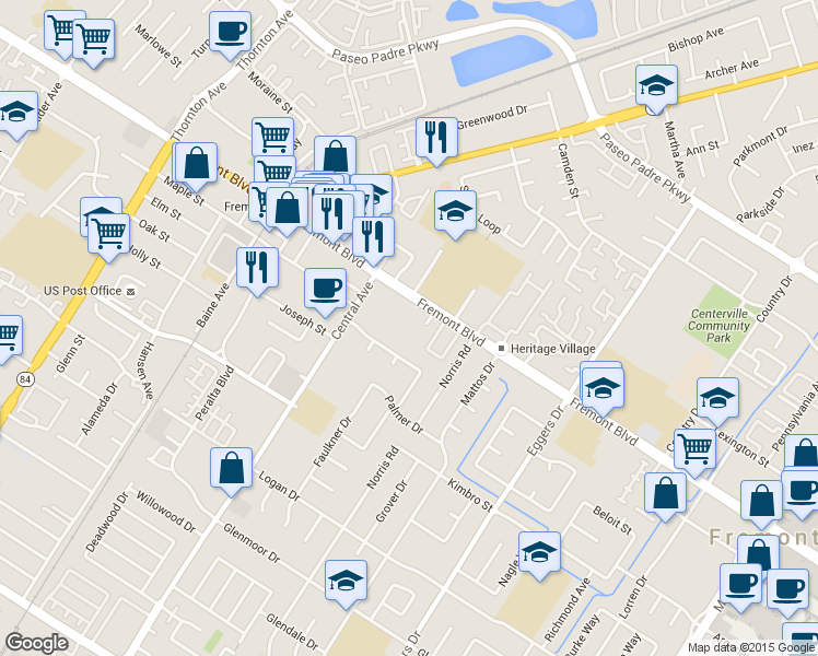 map of restaurants, bars, coffee shops, grocery stores, and more near 37711 Fremont Boulevard in Fremont