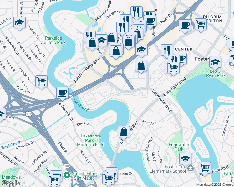 map of restaurants, bars, coffee shops, grocery stores, and more near 2000 Winward Way in San Mateo