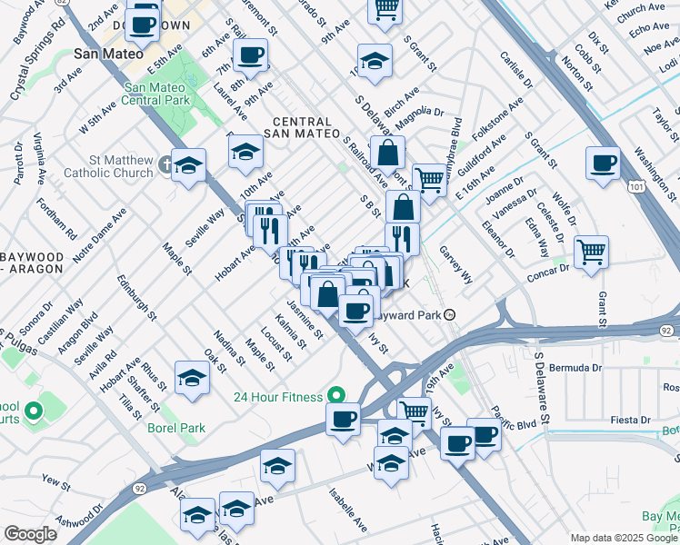 map of restaurants, bars, coffee shops, grocery stores, and more near 1415 Palm Avenue in San Mateo