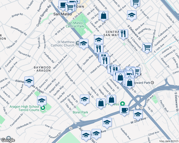 map of restaurants, bars, coffee shops, grocery stores, and more near 105 Avila Road in San Mateo
