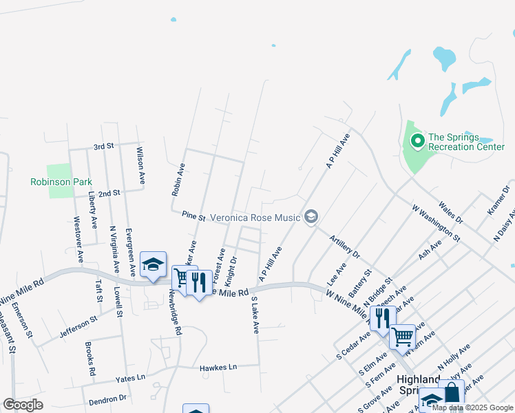map of restaurants, bars, coffee shops, grocery stores, and more near 306 Knight Drive in Richmond