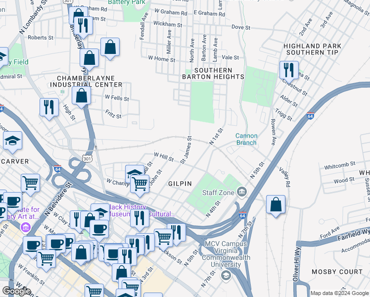 map of restaurants, bars, coffee shops, grocery stores, and more near 1400 Rose Avenue in Richmond
