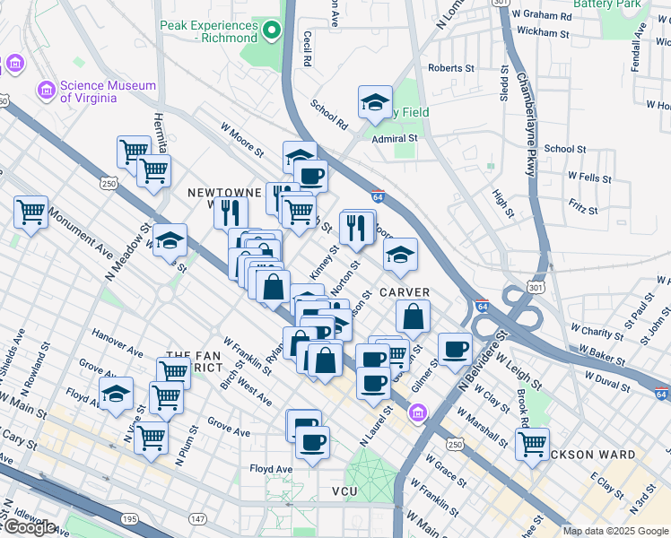 map of restaurants, bars, coffee shops, grocery stores, and more near 1409 Catherine Street in Richmond