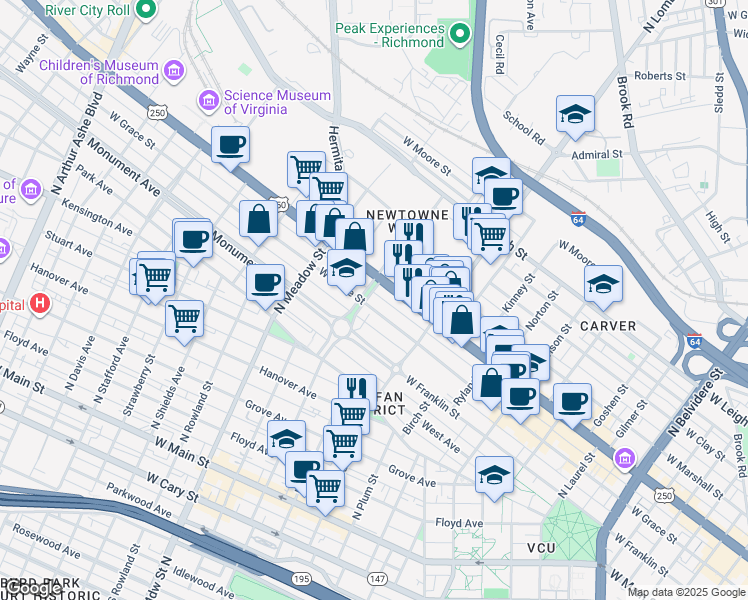 map of restaurants, bars, coffee shops, grocery stores, and more near in Richmond