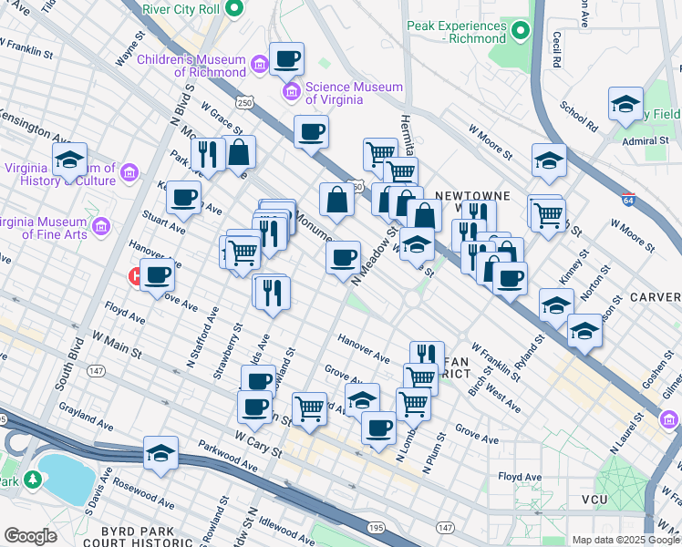 map of restaurants, bars, coffee shops, grocery stores, and more near 2099 Monument Avenue in Richmond