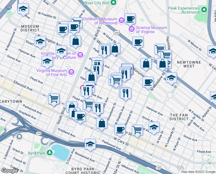 map of restaurants, bars, coffee shops, grocery stores, and more near 2417 Stuart Avenue in Richmond