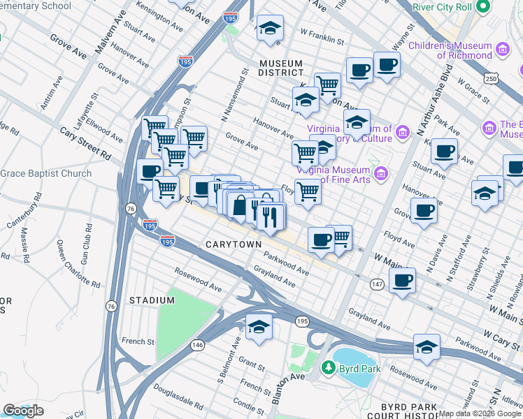 map of restaurants, bars, coffee shops, grocery stores, and more near 3210 Ellwood Avenue in Richmond