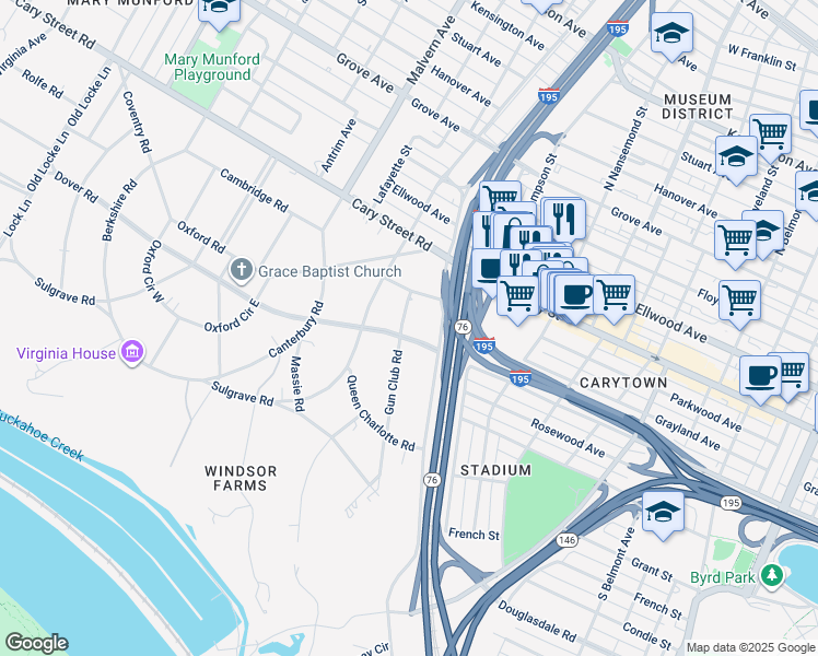 map of restaurants, bars, coffee shops, grocery stores, and more near 3806 Dover Road in Richmond