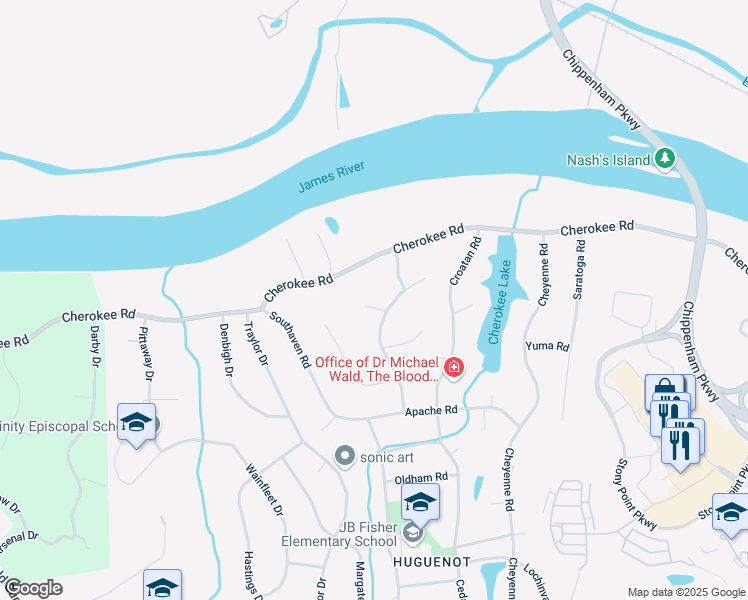 map of restaurants, bars, coffee shops, grocery stores, and more near 10210 Uppingham Court in Richmond
