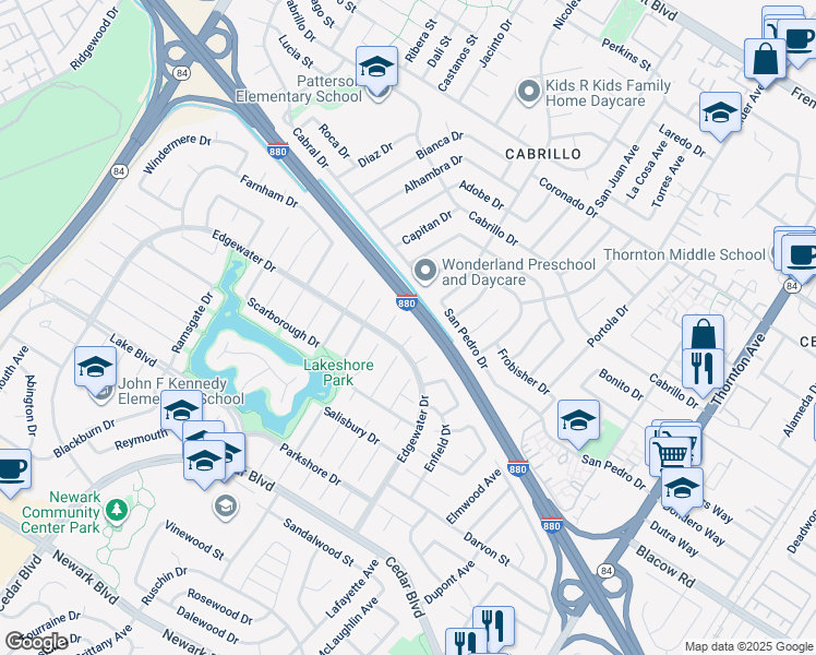 map of restaurants, bars, coffee shops, grocery stores, and more near 4955 Swindon Place in Newark