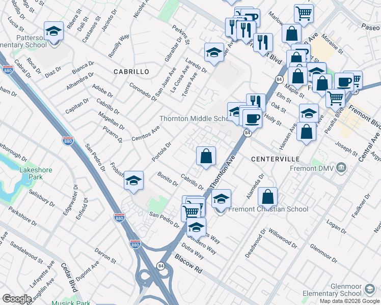 map of restaurants, bars, coffee shops, grocery stores, and more near 36740 Theta Court in Fremont