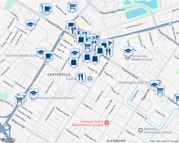 map of restaurants, bars, coffee shops, grocery stores, and more near 37420 Gillett Road in Fremont