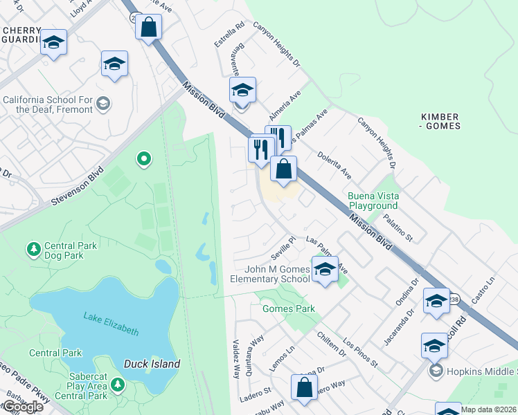 map of restaurants, bars, coffee shops, grocery stores, and more near 40107 Catalina Place in Fremont