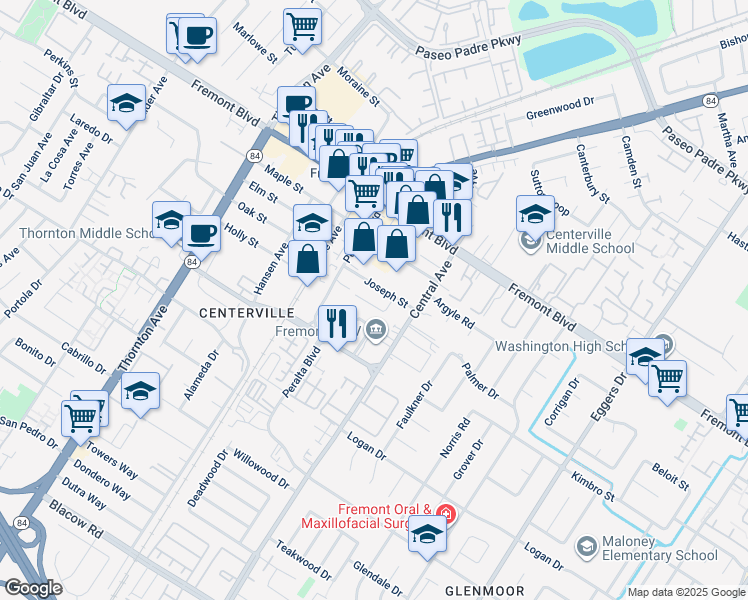 map of restaurants, bars, coffee shops, grocery stores, and more near 37420 Gillett Road in Fremont