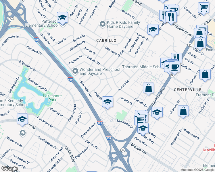 map of restaurants, bars, coffee shops, grocery stores, and more near 36347 Magellan Drive in Fremont