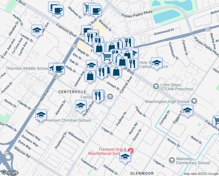 map of restaurants, bars, coffee shops, grocery stores, and more near 37420 Gillett Road in Fremont