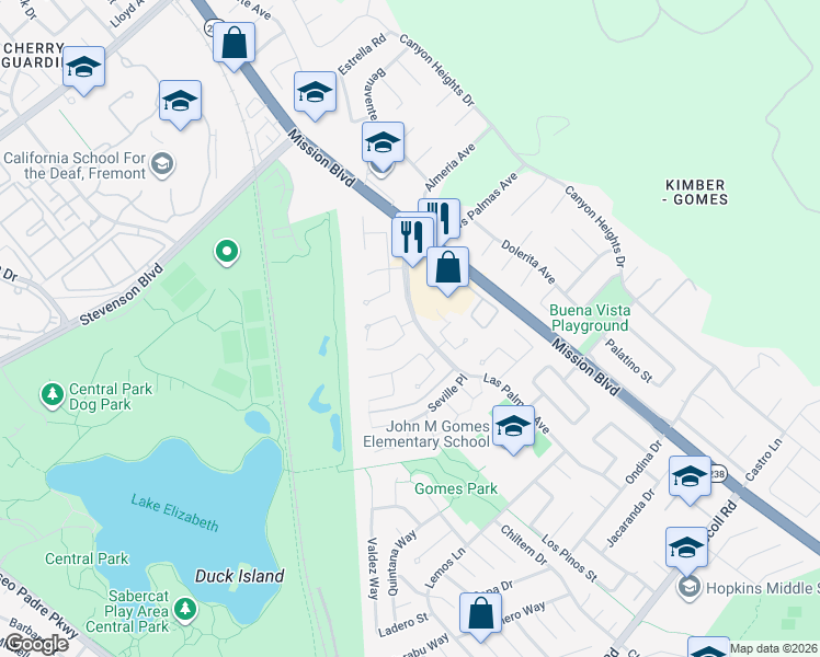 map of restaurants, bars, coffee shops, grocery stores, and more near 40107 Catalina Place in Fremont