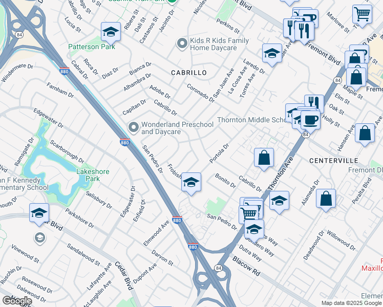 map of restaurants, bars, coffee shops, grocery stores, and more near 36347 Magellan Drive in Fremont
