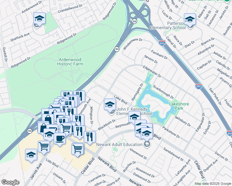 map of restaurants, bars, coffee shops, grocery stores, and more near 35272 Lake Boulevard in Newark