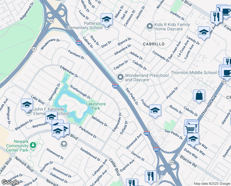 map of restaurants, bars, coffee shops, grocery stores, and more near 4955 Swindon Place in Newark