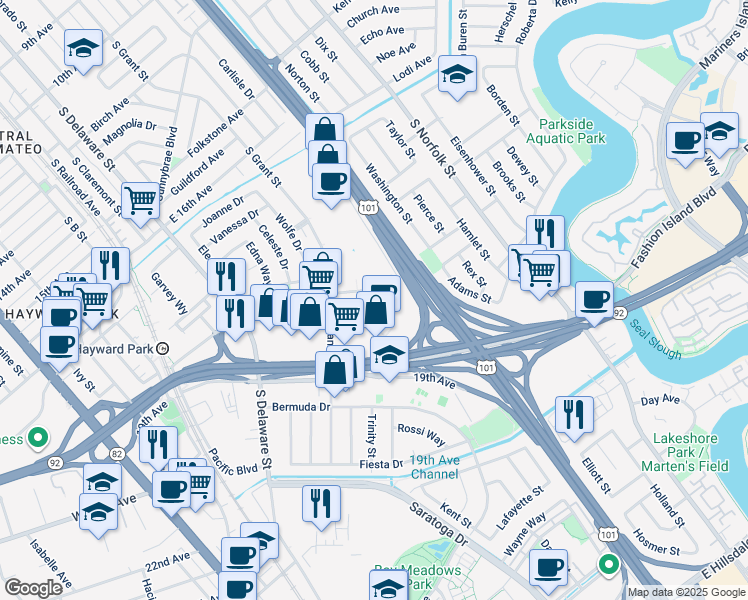 map of restaurants, bars, coffee shops, grocery stores, and more near 800 Concar Drive in San Mateo