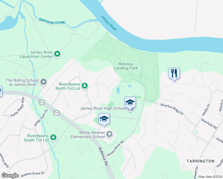 map of restaurants, bars, coffee shops, grocery stores, and more near 14107 Grace Wood Court in Midlothian