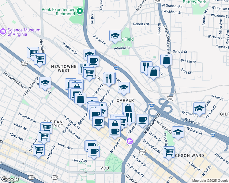 map of restaurants, bars, coffee shops, grocery stores, and more near 1209 West Leigh Street in Richmond