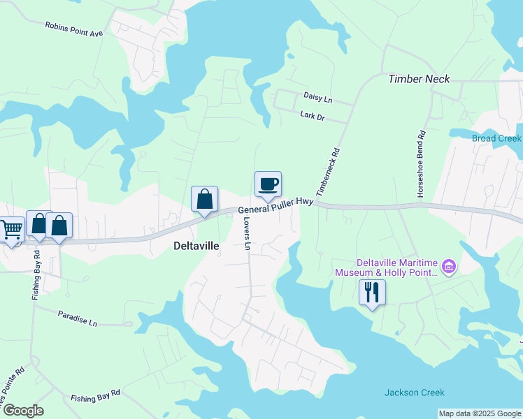 map of restaurants, bars, coffee shops, grocery stores, and more near 17410 General Puller Highway in Deltaville