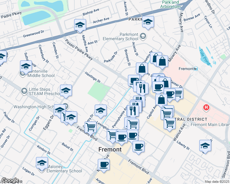 map of restaurants, bars, coffee shops, grocery stores, and more near 38620 Country Terrace in Fremont
