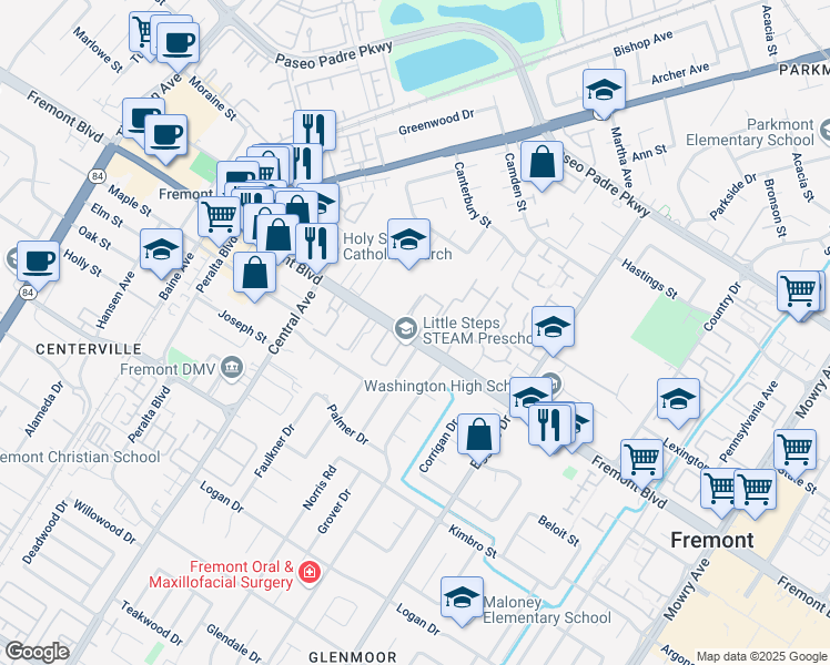 map of restaurants, bars, coffee shops, grocery stores, and more near 37950 Fremont Boulevard in Fremont