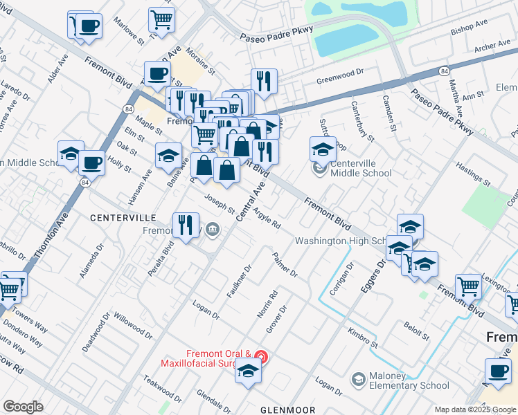 map of restaurants, bars, coffee shops, grocery stores, and more near 4080 Central Avenue in Fremont
