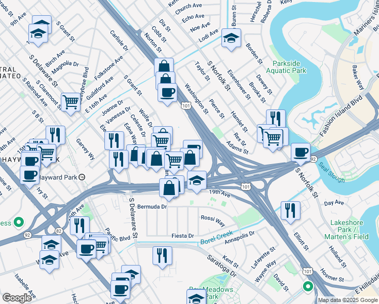 map of restaurants, bars, coffee shops, grocery stores, and more near 701-999 Concar Dr in San Mateo