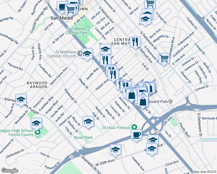 map of restaurants, bars, coffee shops, grocery stores, and more near 21 Hobart Avenue in San Mateo