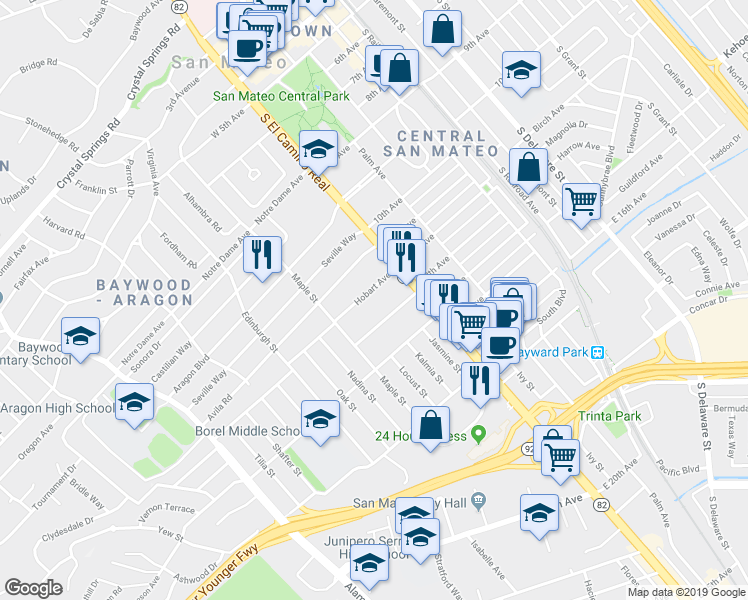 map of restaurants, bars, coffee shops, grocery stores, and more near 21 Hobart Avenue in San Mateo
