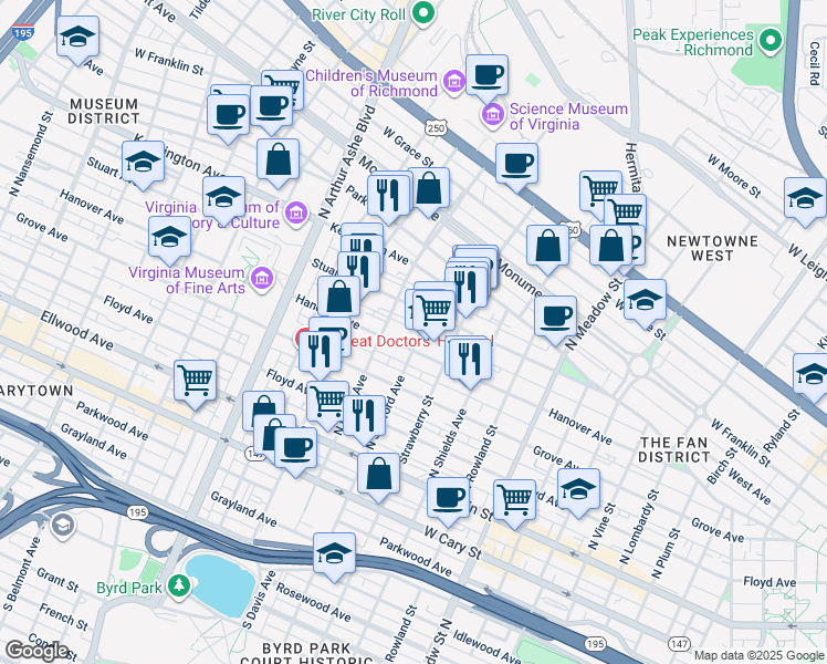 map of restaurants, bars, coffee shops, grocery stores, and more near 2417 Stuart Avenue in Richmond